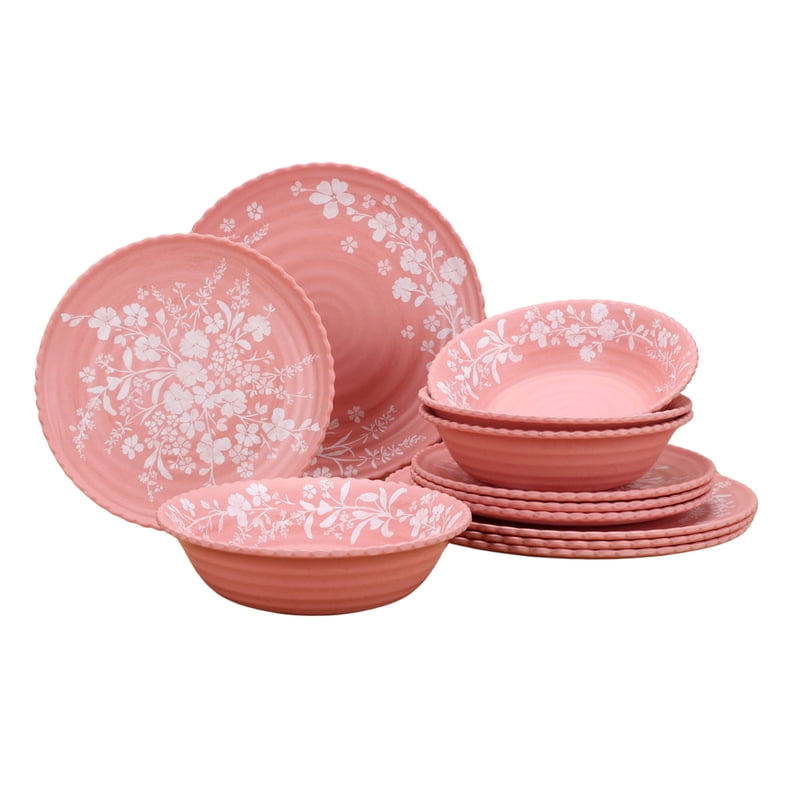 12-Piece Bamboo Melamine Dinnerware Set - Pink Daisy Design