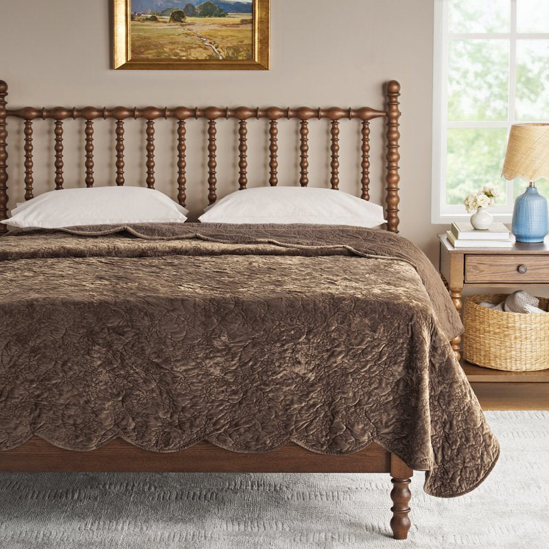 Velvet Quilt King - Floral Design, Rich Brown, Reversible, 104x94 inches