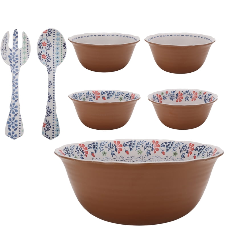 7-Piece Bamboo Melamine Salad Bowl Set - Multicolor