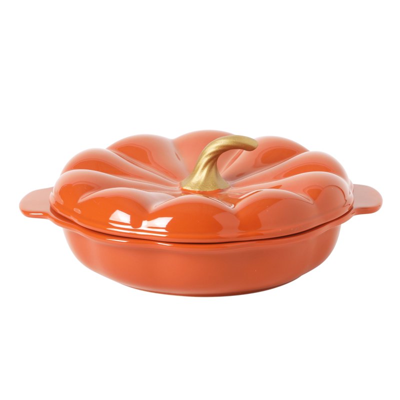 10-Inch Orange Pumpkin Pie Dish with Lid - Ceramic Bakeware