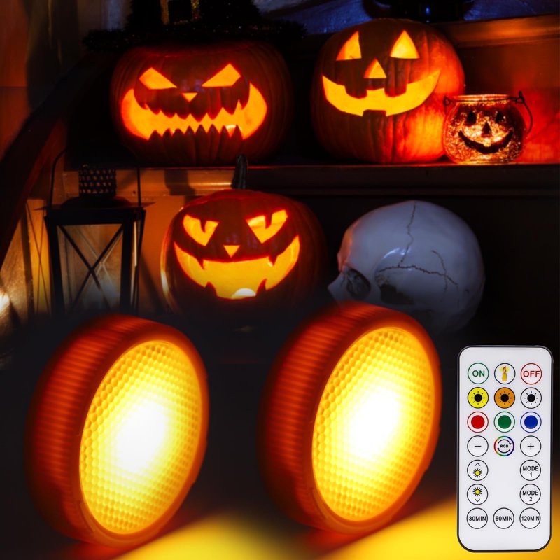 Halloween LED Pumpkin Lights 2-Pack with Remote & Timer - Battery-Operated Jack-O-Lanterns for Spooky Decor