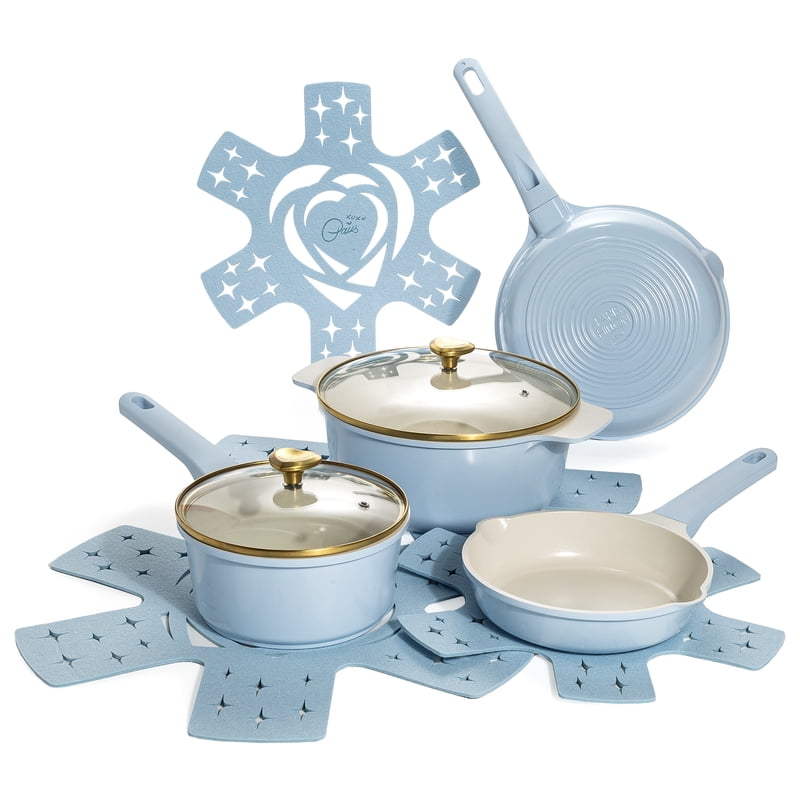 10-Piece Ceramic Nonstick Cookware Set - Blue with Heart-Shaped Knobs