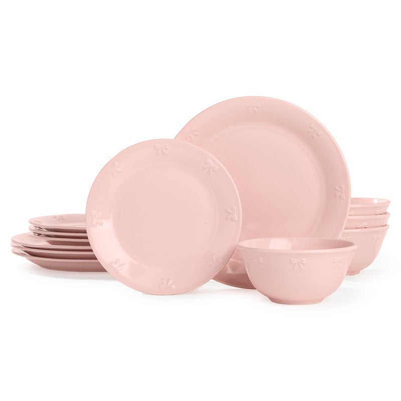 12-Piece Stoneware Dinnerware Set - Blush Pink with Bow Design