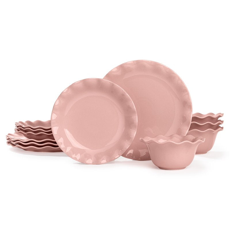 12-Piece Stoneware Dinnerware Set - Rose Pink Ruffle Rim