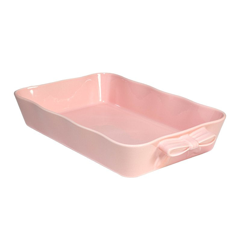 Ceramic Stoneware Lasagna Baker - 13 x 9 Inch, Pink with Bow Handles