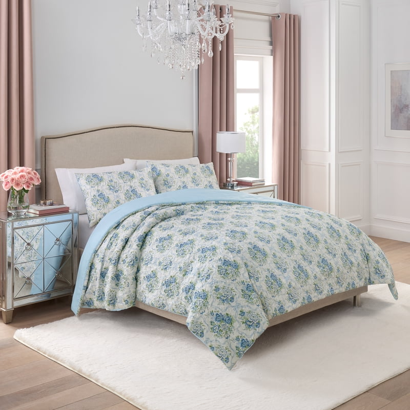 Paris Hilton 3-Piece Coquette Floral Blue Comforter Set - Full/Queen, Rose & Ribbon Design