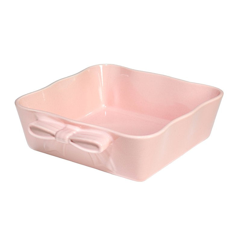 Ceramic Square Baking Dish - 8x8, Oven & Microwave Safe, Pink with Bow Handles
