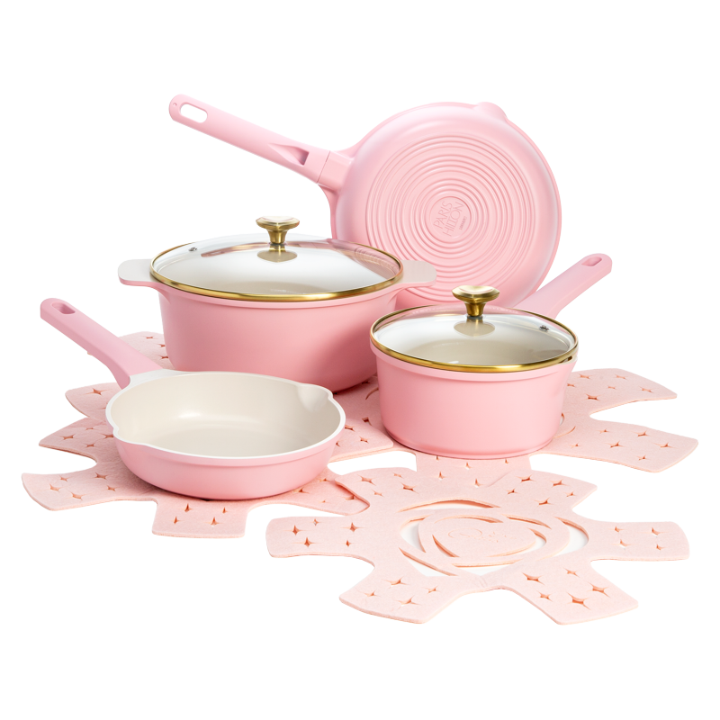 10-Piece Pink Ceramic Nonstick Cookware Set with Heart Knobs