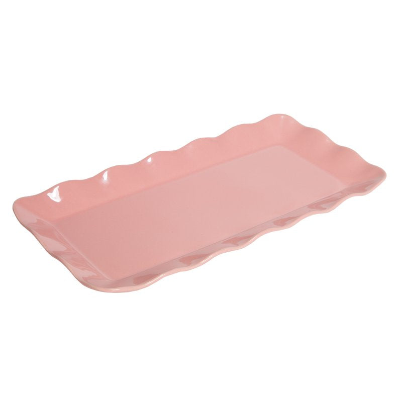 Stoneware Serving Tray Platter - Scalloped Ruffle Rim, Rose Pink, 14.5 x 7-inch