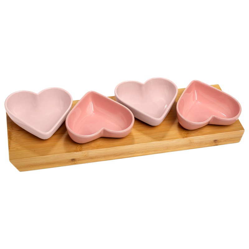 5-Piece Heart Dip Bowl Set with Bamboo Tray - Blush Pink & Rose Pink