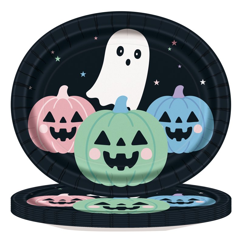 Pastel Ghosts Disposable Oval Plates - Halloween Party Tableware, 12x10 Inches, Pack of 8