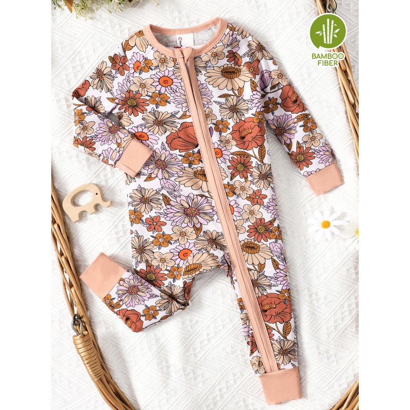 Baby Girl Pajama Set with Floral Print - 9-12 Months, Snug Fit, Bamboo Fabric, Zip Sleepwear, Variation 3#Flowers