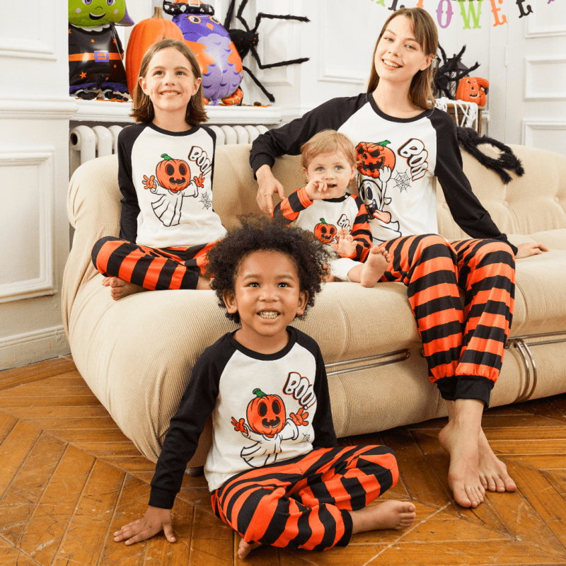 Halloween Pajamas Set for Kids - Pumpkin Ghost Print 2-Piece Long Sleeve & Striped Pants - Variation of 5-Stripe Pumpkin, 3-4Y