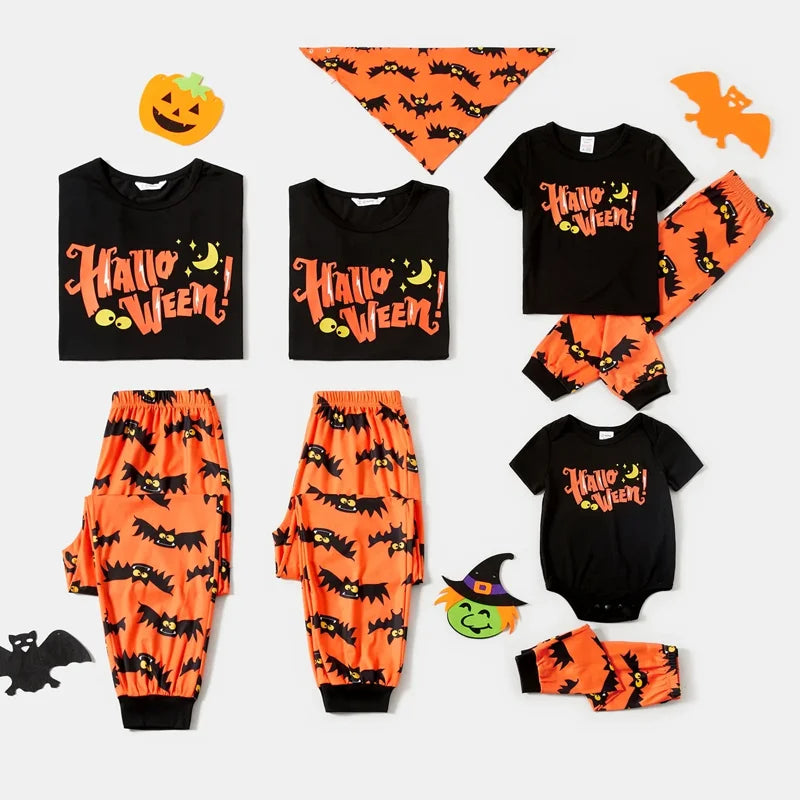 Halloween Kids Pajamas Set Bat & Letter Print Short Sleeve Family Matching Pajamas 8-9Y - Black & Orange