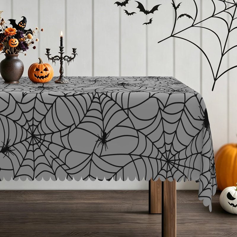 Halloween Gray Spider Web Tablecloth - 60x102 Inches Holiday Dining Decor
