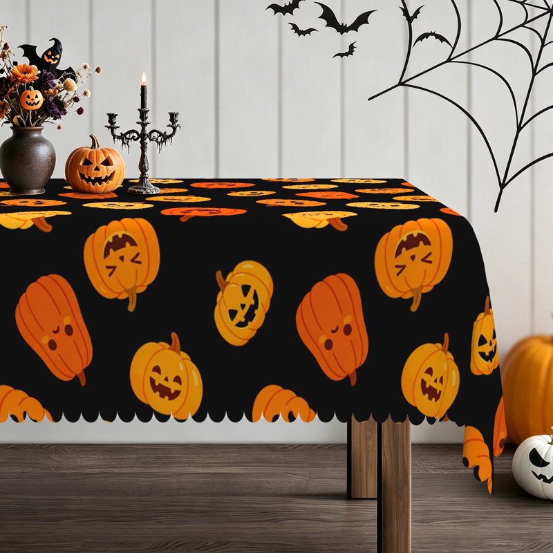 Halloween Tablecloth 60x84 Inches - Black Spooky Pumpkin Print, Party Decor