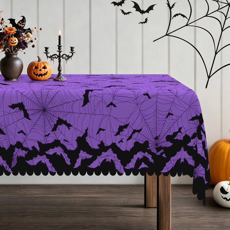Halloween Bat & Spider Web Tablecloth - 60x84 Inch, Purple & Black, Rectangular
