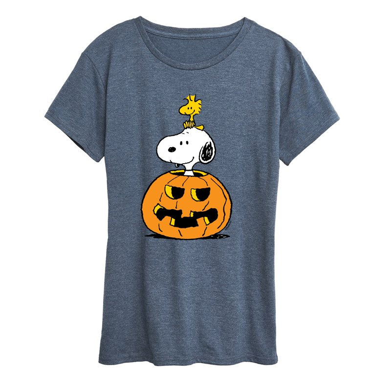 Heather Blue Peanuts Snoopy Woodstock Pumpkin Women's T-Shirt 3X