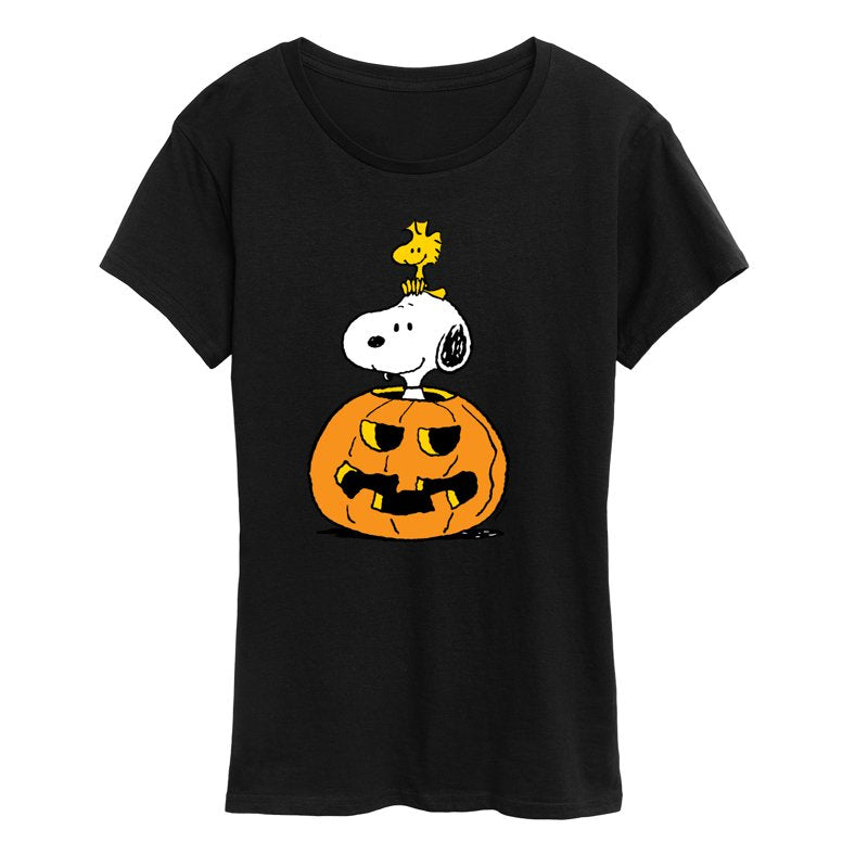 Peanuts Snoopy Woodstock Pumpkin Women's Short Sleeve Graphic T-Shirt Black S