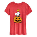 Women's Short Sleeve Graphic T-Shirt - Peanuts Snoopy Woodstock Pumpkin Heather Red 1X