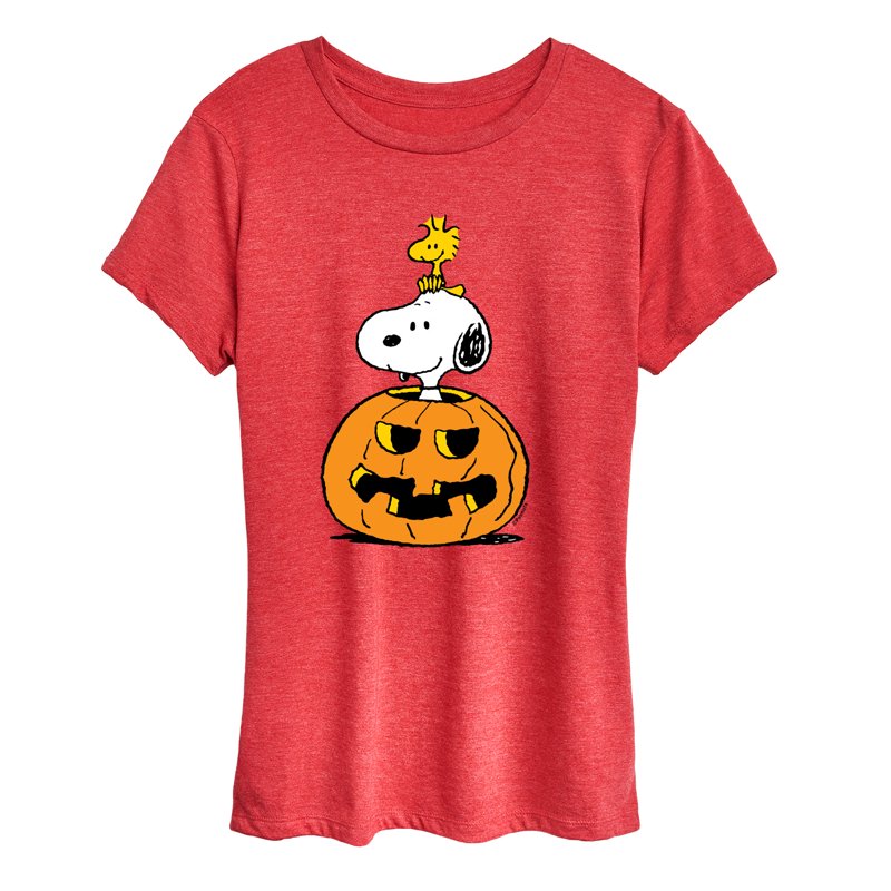 Women's Short Sleeve Graphic T-Shirt - Peanuts Snoopy Woodstock Pumpkin Heather Red 1X