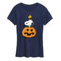 Women's Short Sleeve Graphic T-Shirt - Peanuts Snoopy Woodstock Pumpkin Navy 2X