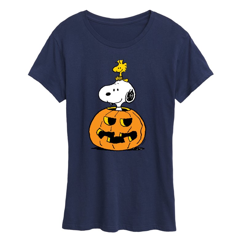 Women's Short Sleeve Graphic T-Shirt - Peanuts Snoopy Woodstock Pumpkin Navy 2X