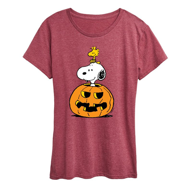 Heather Wine Peanuts Snoopy Woodstock Pumpkin Women's Graphic T-Shirt M