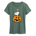 Women's Heather Juniper Snoopy Woodstock Pumpkin Graphic T-Shirt - 1X