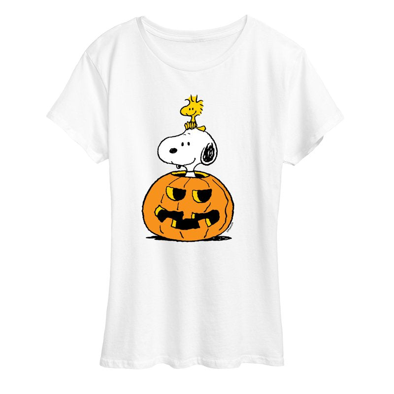 Women's Short Sleeve Peanuts Snoopy Woodstock Pumpkin T-Shirt - White 3X