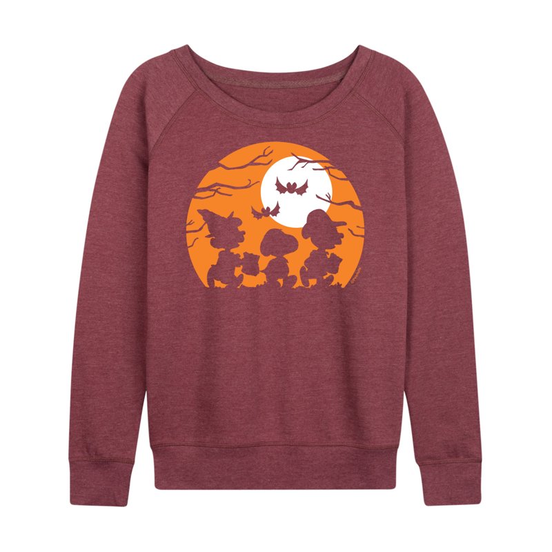 Peanuts Trick Or Treat Silhouettes Lightweight French Terry Wide Neck Long Sleeve Shirt - Heather Maroon S