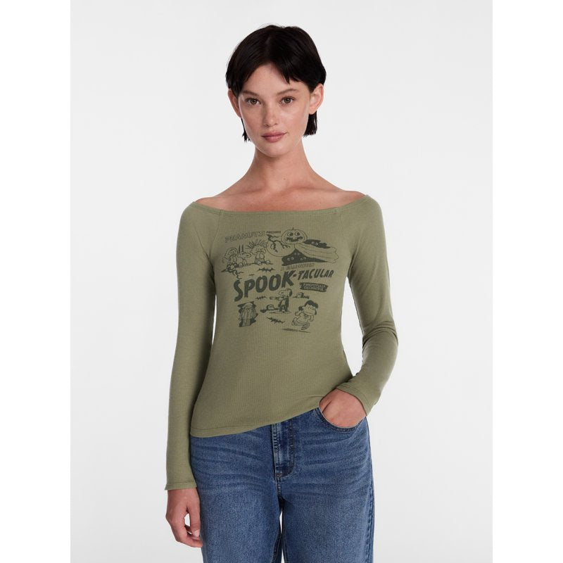 Peanuts Women's Halloween Graphic Tee with Long Sleeves - Olive Leaves, S