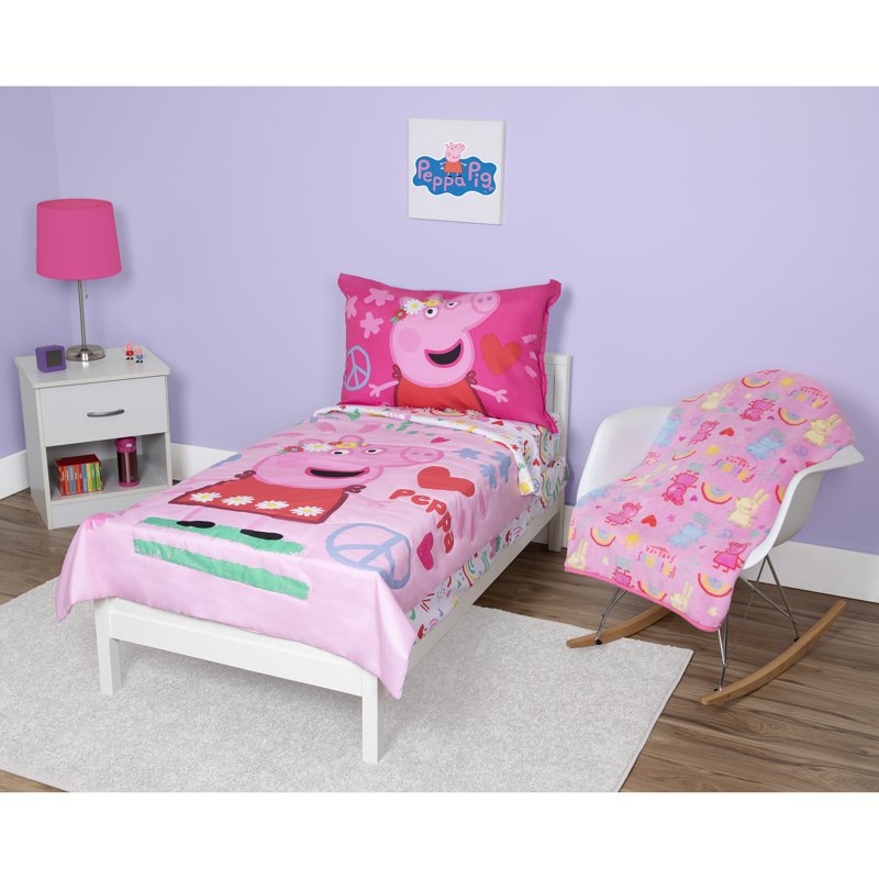 Toddler Bedding Set with Plush Blanket - Peppa Pig Reversible Comforter & Sheets
