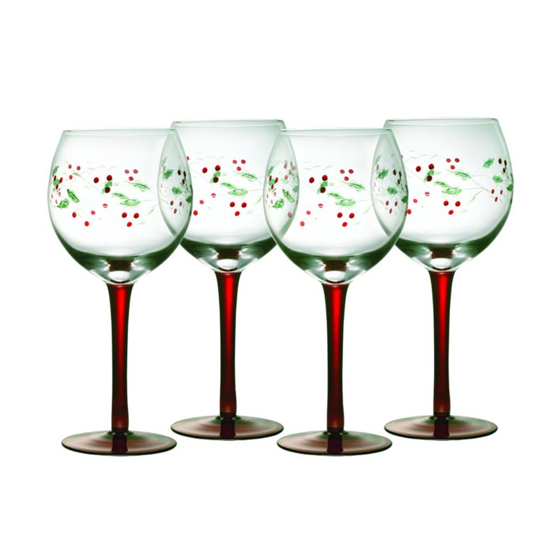 Handpainted Winterberry Wine Goblet Set - 13 oz, Set of 4