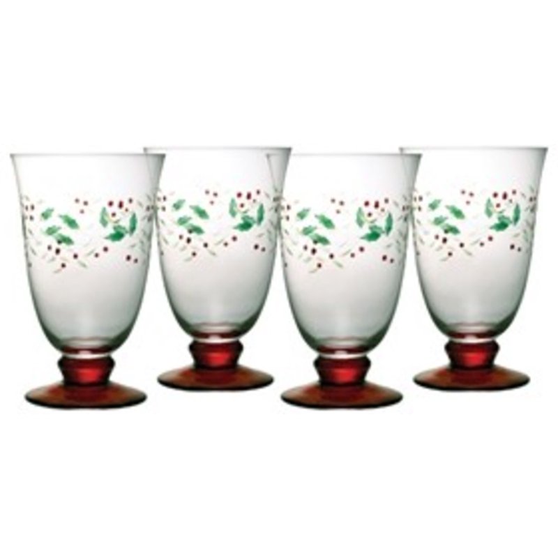 Winterberry Water Goblet - 14 oz Clear Glass with Green & Red Accents