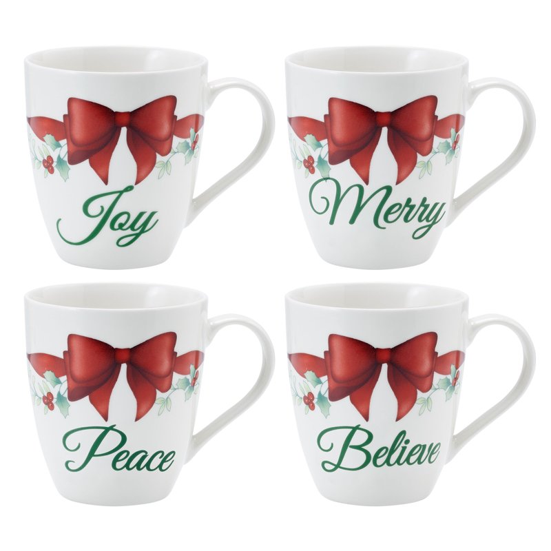 Winterberry Porcelain Mug Set - 20 oz, Set of 4 with Holiday Sentiments