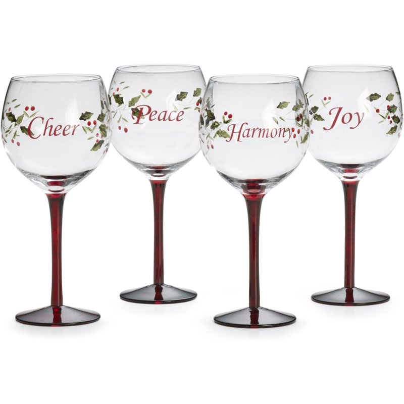 Winterberry Wine Glass Set of 4 with Sentiments - Harmony, Peace, Joy, Cheer