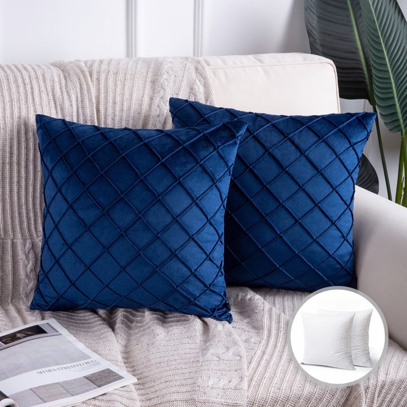 Navy Blue Pleated Velvet Pillow Cover 18x18 Inch Set of 2 - Decorative Cushion Case
