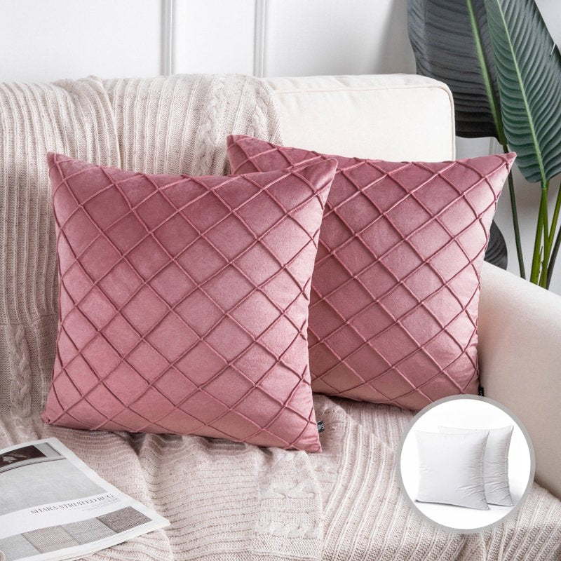 Pink Velvet Pleated Throw Pillow Cover 18x18 Inch Set of 2 - Decorative Cushion Case