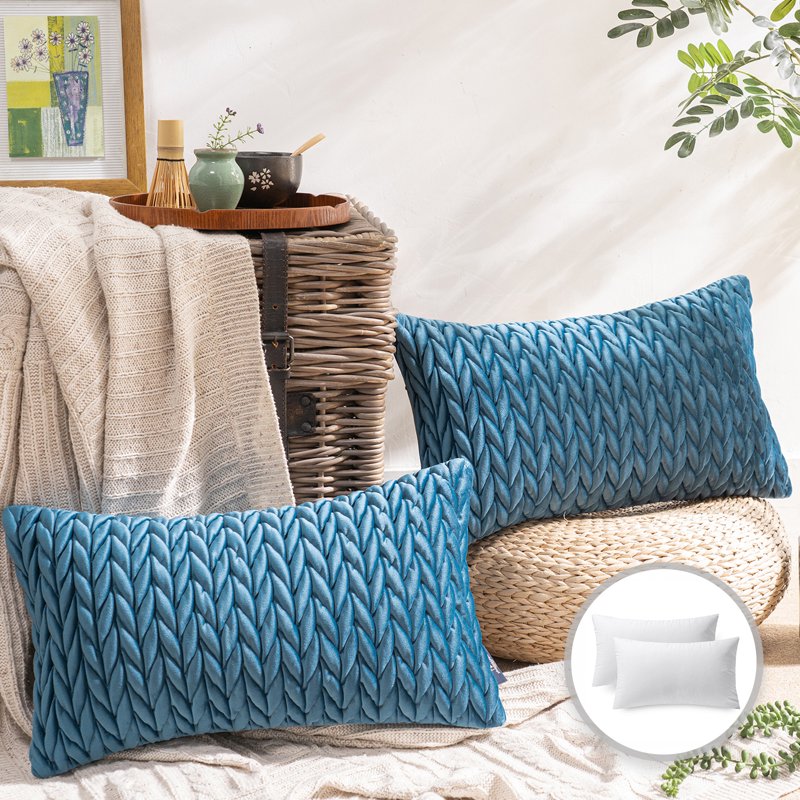 20x12 Blue Chevron Velvet Throw Pillow Set - Modern Polyester Accent Cushions
