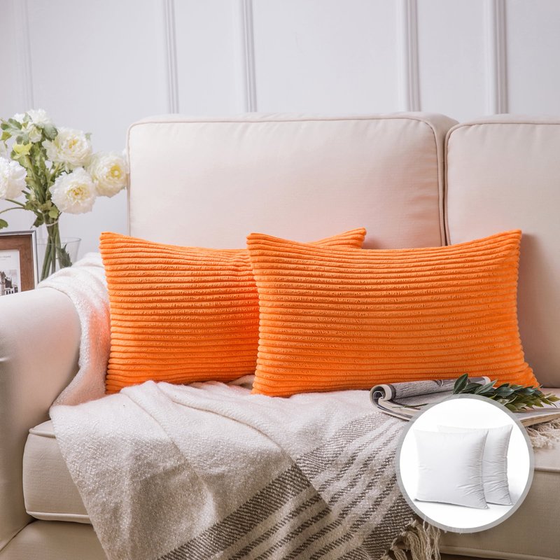 Orange Striped Polyester Throw Pillow - 12x20 Inch, Set of 2