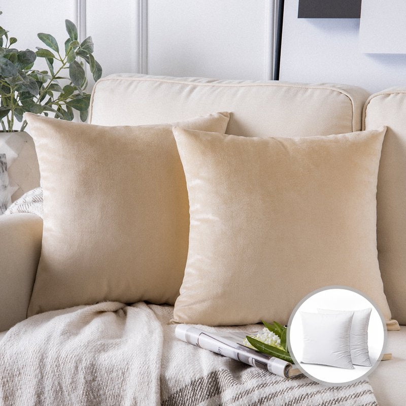 20x20 Inch Beige Polyester Throw Pillow Set of 2 - Soft Silky Velvet Home Decor