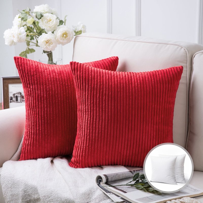 20x20 Inch Red Corduroy Velvet Decorative Throw Pillow Set of 2 - Soft Home Accent