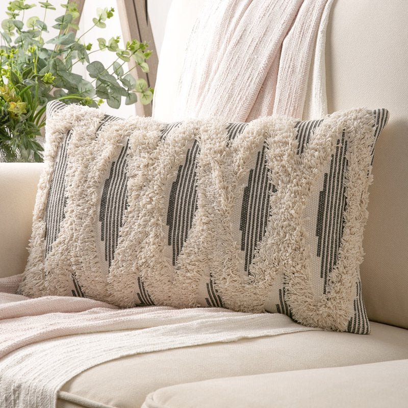 Boho Woven Cross Tufted Throw Pillow - Gray Beige, 12x20 Inches, Set of 1