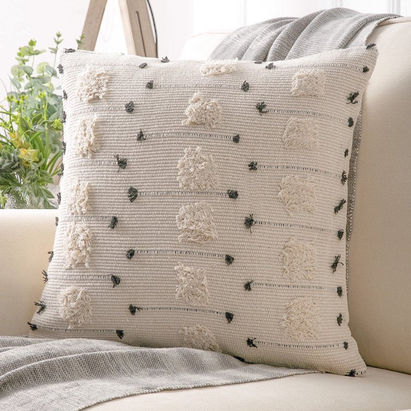 Boho Woven Tufted Throw Pillow Cover - 18x18 Inches, Beige Black Geometry