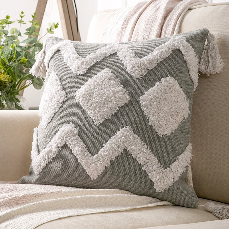 Decorative Boho Woven Tufted Throw Pillow Cover - 18x18 Inches, Gray White, Geometry Variation