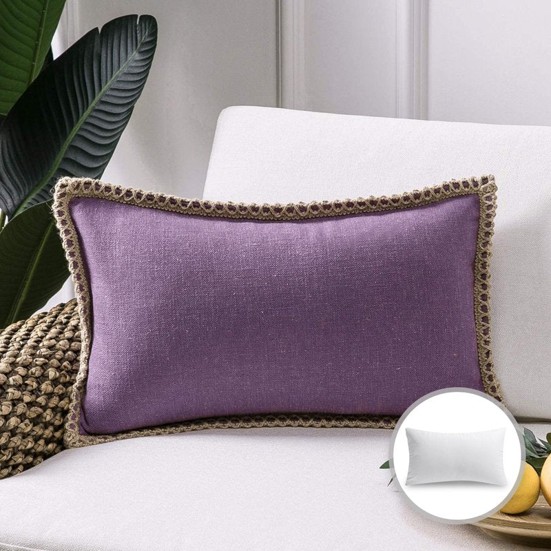 Purple Farmhouse Burlap Linen Throw Pillow 12x20 with Tailored Edges - BINLIS