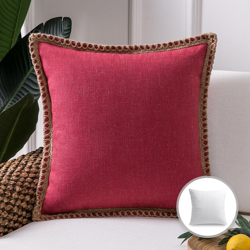 22x22 Red Farmhouse Burlap Linen Throw Pillow with Tailored Edges