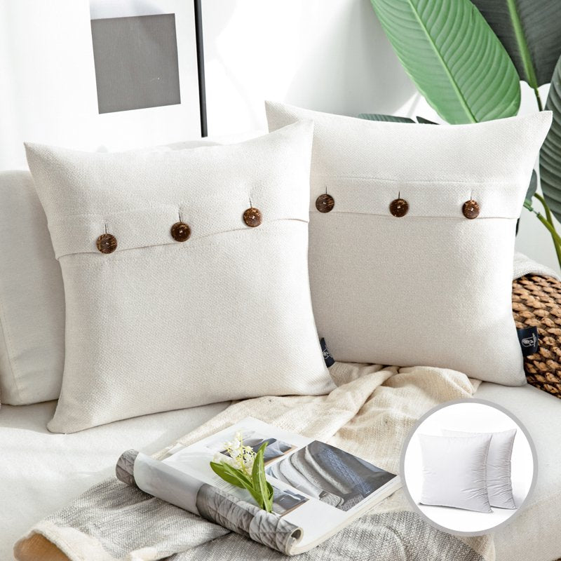 Farmhouse 20x20 Inch Throw Pillow Cover with Triple Button - Off-White, 2 Pack