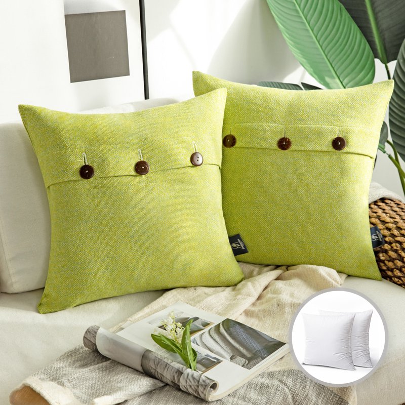 Farmhouse Style 22x22 Inch Triple Button Decorative Throw Pillow - Yellow Green 2 Pack